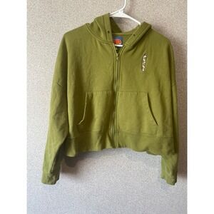 Gmpyre Smiley Face Embroidered‎ Olive Green Cropped Full Zip Hoodie
